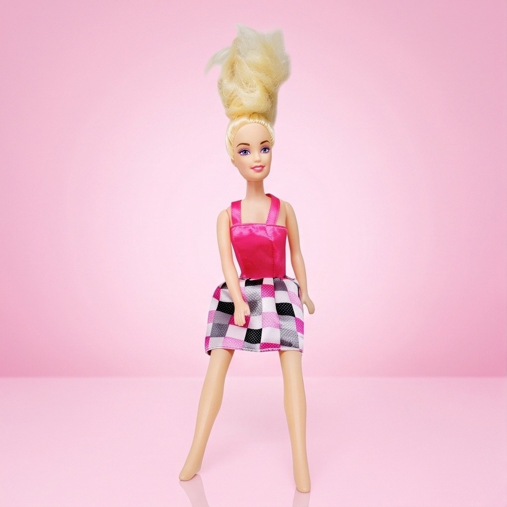 Barbie Doll Blonde Hair Pink Satin Top‎ Gingham Plaid Skirt Fashionista